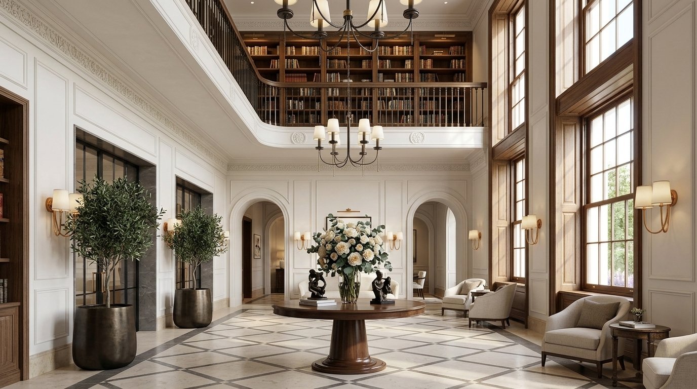 Double-Height Clubhouse Lobby & Mezzanine Library